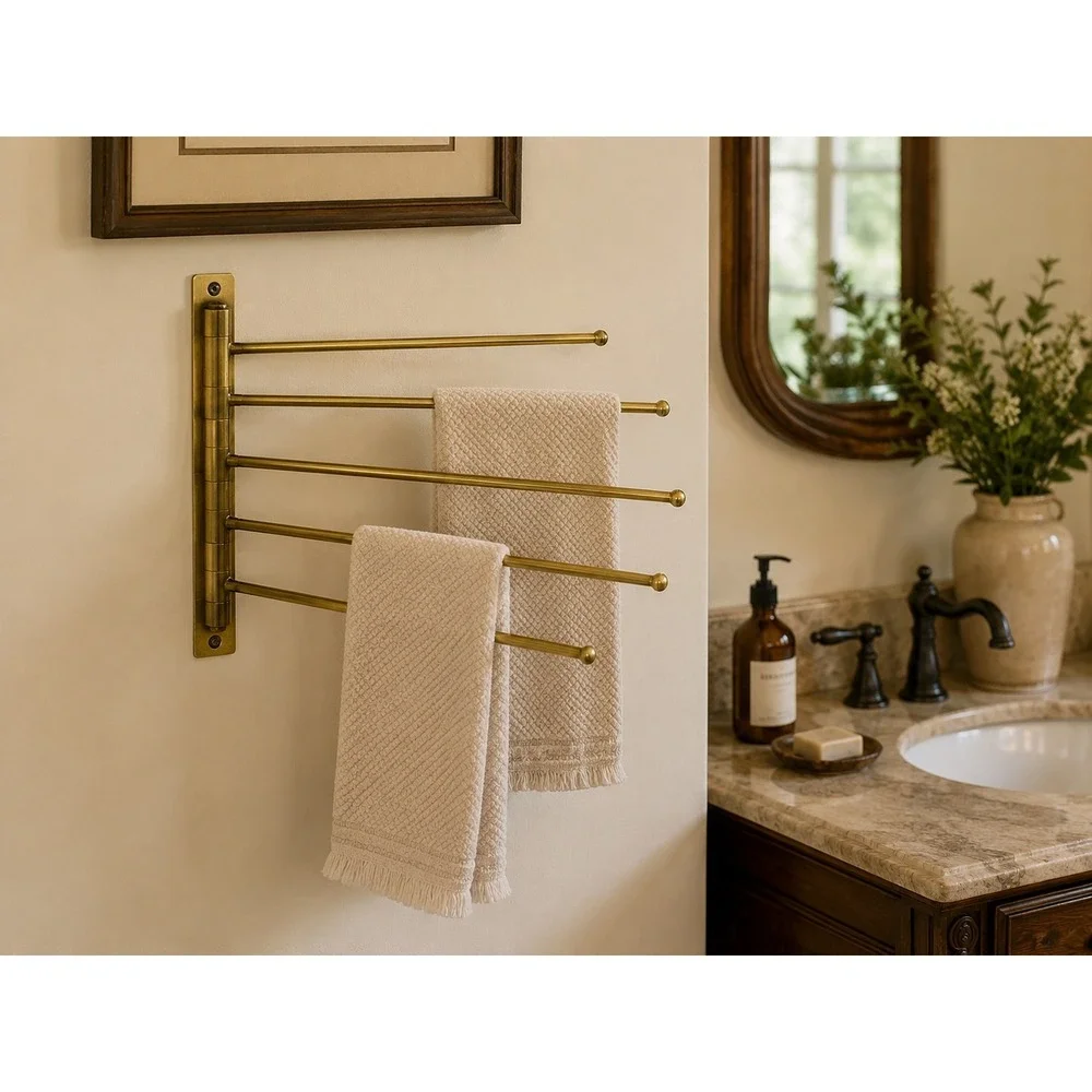 Vintage Brass Tone 5 Arm Swing Towel Rack Wall Mount Bathroom 10x11